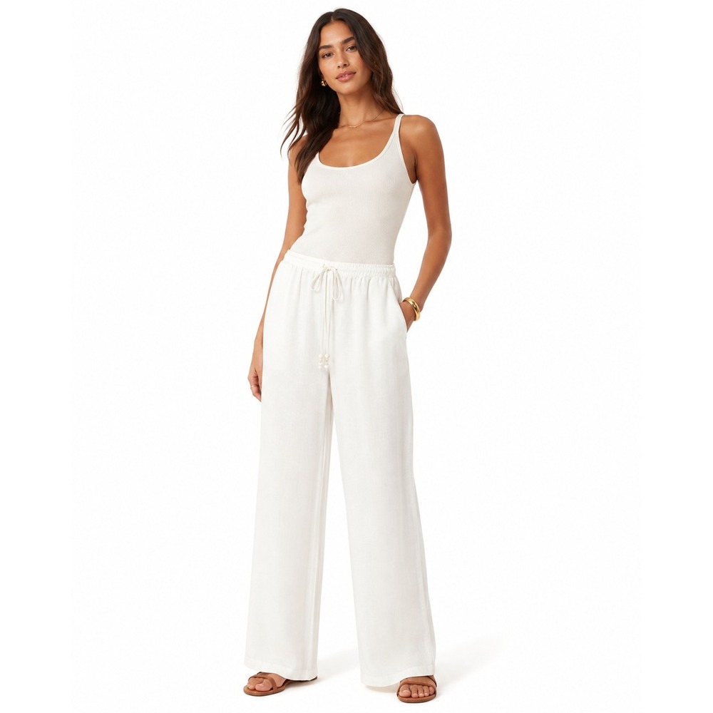 Friends Like These White Linen Blend Wide Leg Drawstring Pants US 8 New